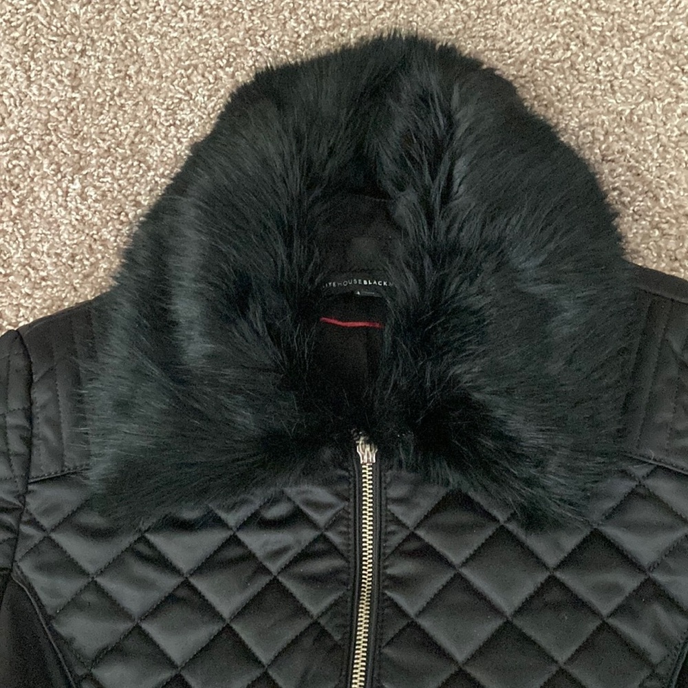 Classic, Cosy Black Puffer Jacket by White House Black Market w/ Faux Fur Collar - Picture 2 of 11
